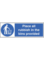 Place All Rubbish in Bins Safety Sign