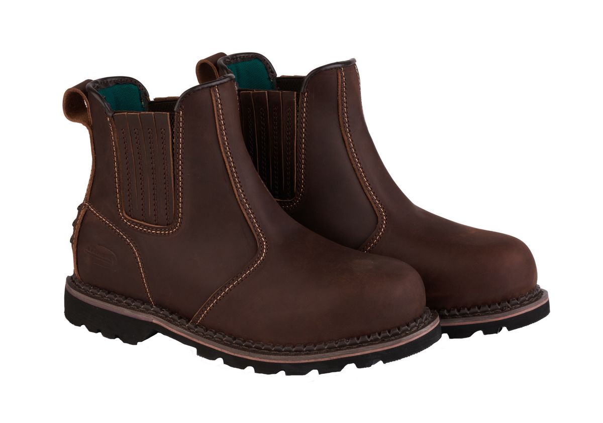 A22-RANGER S3 Brown Leather Chelsea Safety Boots – Slip & Heat Resistant, Goodyear Welted