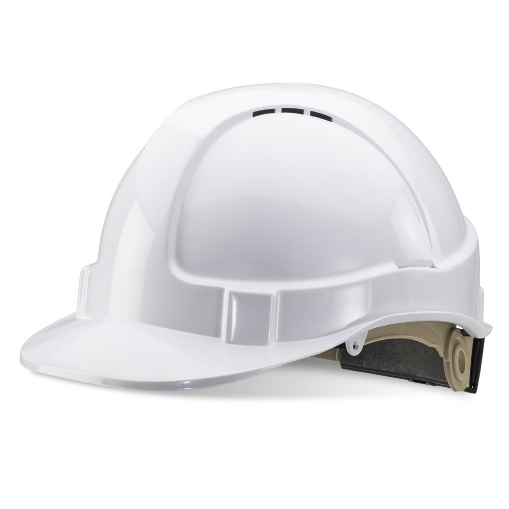 white safety hard hat with wheel ratchet