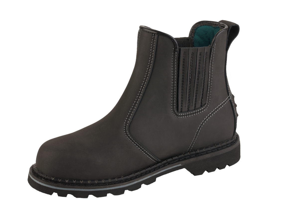 A21-DEFENDER S3 Black Leather Chelsea Safety Boots – Slip & Heat Resistant, Goodyear Welted