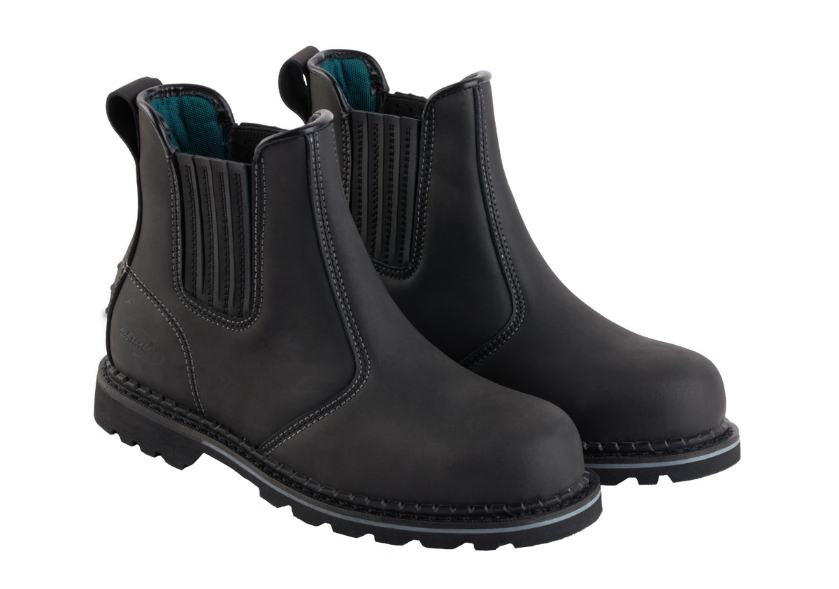 A21-DEFENDER S3 Black Leather Chelsea Safety Boots – Slip & Heat Resistant, Goodyear Welted
