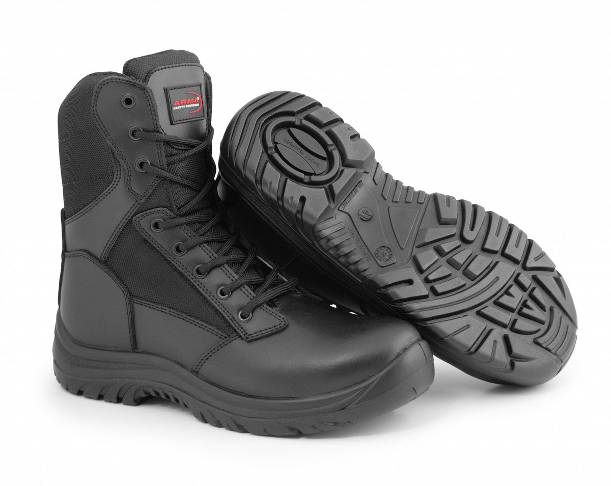 A6-WARRIOR S3 Black Leather Zip Side Safety Boots â€“ Steel Toe, Memory Foam, SRC Slip Rated