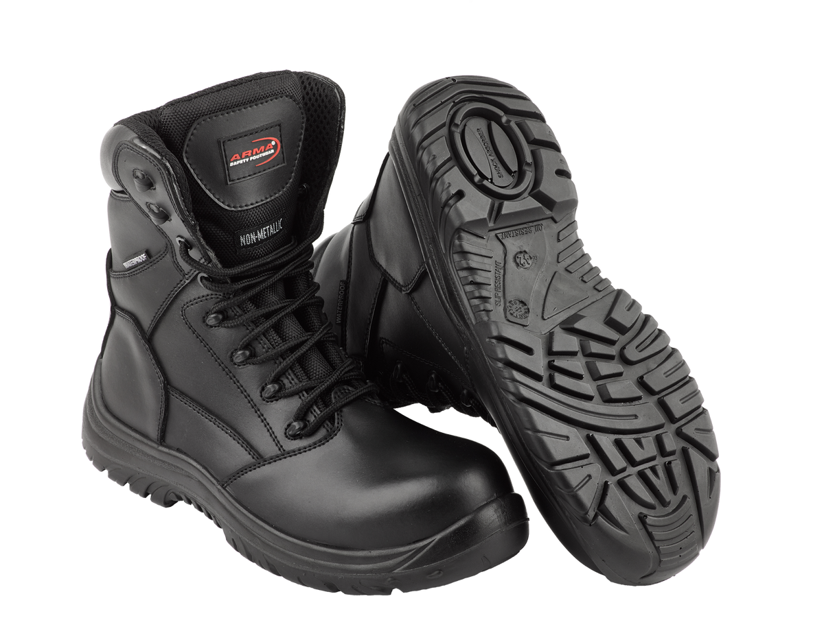 A8-SCOUT S3 Waterproof Metal-Free Safety Combat Boots â€“ Black Leather, Memory Foam, SRC Rated