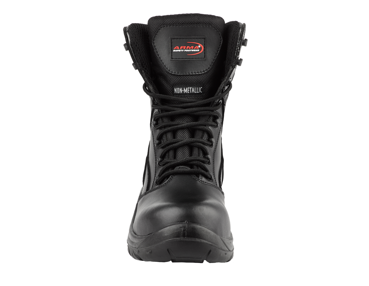 A8-SCOUT S3 Waterproof Metal-Free Safety Combat Boots â€“ Black Leather, Memory Foam, SRC Rated