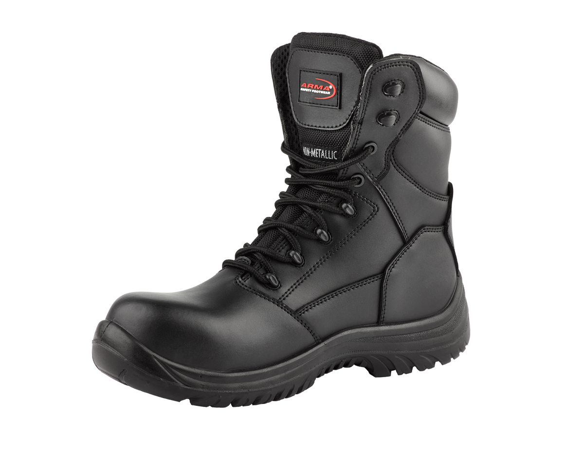 A8-SCOUT S3 Waterproof Metal-Free Safety Combat Boots â€“ Black Leather, Memory Foam, SRC Rated