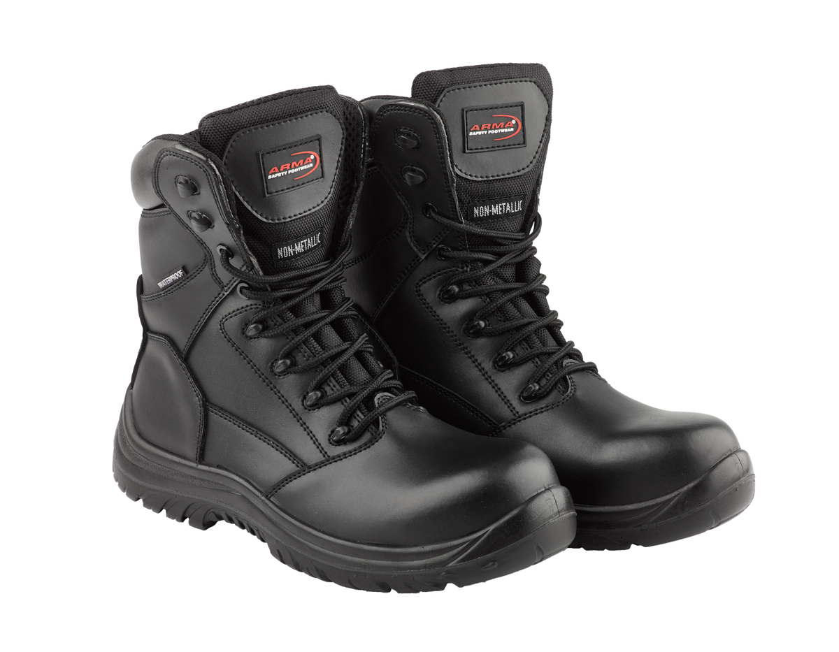 A8-SCOUT S3 Waterproof Metal-Free Safety Combat Boots â€“ Black Leather, Memory Foam, SRC Rated