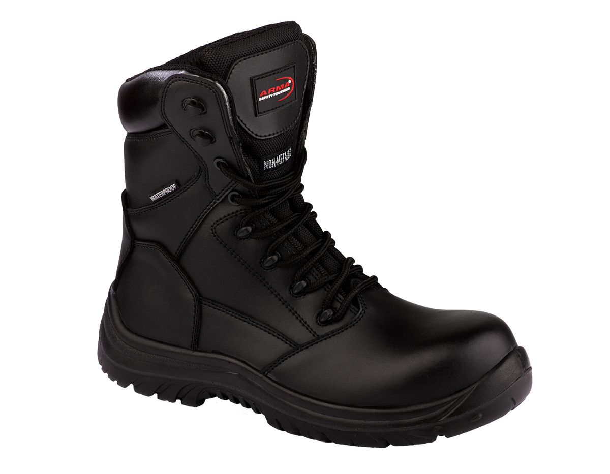 A8-SCOUT S3 Waterproof Metal-Free Safety Combat Boots â€“ Black Leather, Memory Foam, SRC Rated