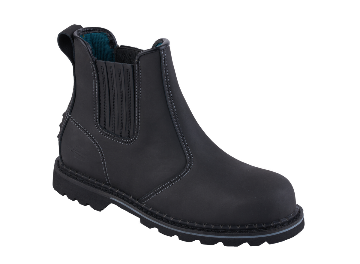 A21-DEFENDER S3 Black Leather Chelsea Safety Boots â€“ Slip & Heat Resistant, Goodyear Welted